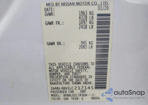 2020 Nissan Altima S Fwd z USA, uszkodzony, nr VIN 1N4BL4BV1LC217145